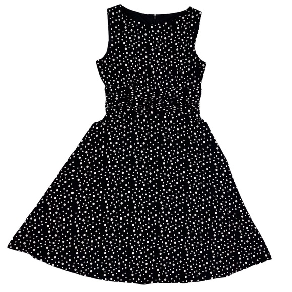 Petite Black with White Polka Dots Sleeveless Ruched Waist Dress, Small - Picture 12 of 16